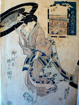 KEISAI EISEN  WOMAN WITH PARASOL   BIJIN AWASE  TSUTAYA JUZABURO  EARLY 19TH C
