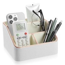 1 PCS White PU Leather Remote Control Holder 4 Compartment Nightstand Caddy