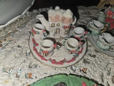 Vintage Miniature Christmas Cabin Tea Set Tray Tea Pot and Mugs 7 Piece Set