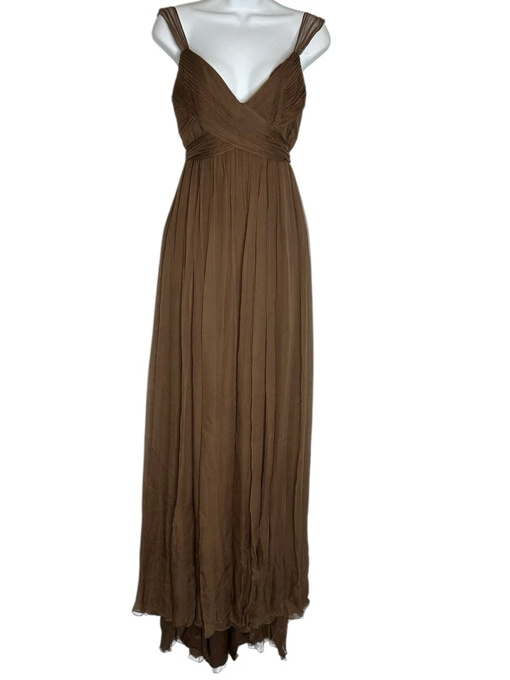 Monique Lhuillier Brown Sheer Silk Pleated Empire Waist Flowing Gown Maxi Dres 8 - Image 4 of 4
