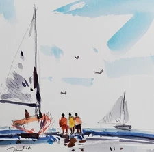 Jose Trujillo Fine Art PRINT 16x16 Collectible Artist Watercolor Sailboats Sea