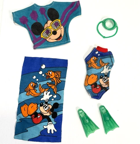 Vintage Barbie Disney Shillman Mickey Beach Set Swimsuit Top Towel Flippers Mask