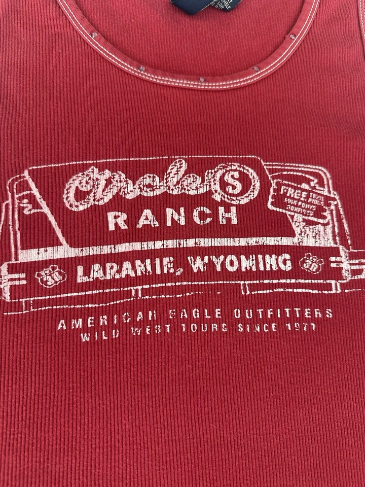 VTG Y2K American Eagle Tank Top Women’s S Ribbed Red Graphic Print Jewel 2000s - Image 2 of 4