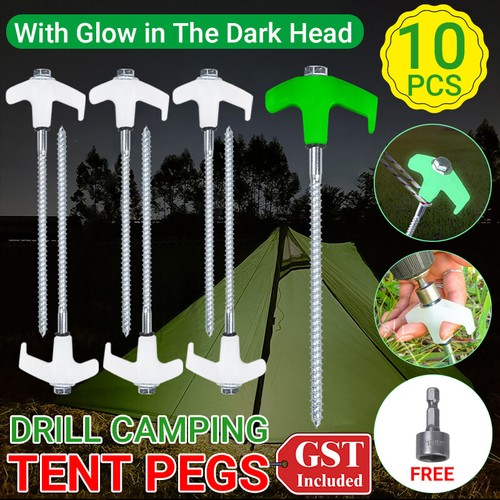 10x Heavy Duty Steel Screw / Drill Camping Tent Pegs with Glow in The Dark Head - Bild 1 von 12