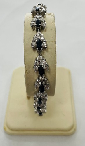 925 Sterling Silver Blue Saphire Cubic Zirconia Tennis Bracelet - Picture 1 of 7