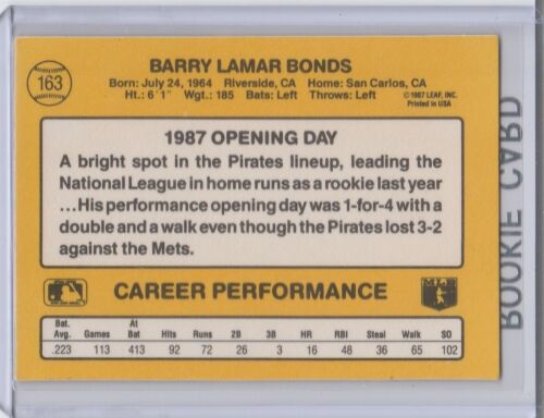 BARRY BONDS TARJETA DE NOVATO 1987 Donruss DÍA DE APERTURA Juego de caja Gigantes BÉISBOL DE RADIOCONTROL - Imagen 2 de 2