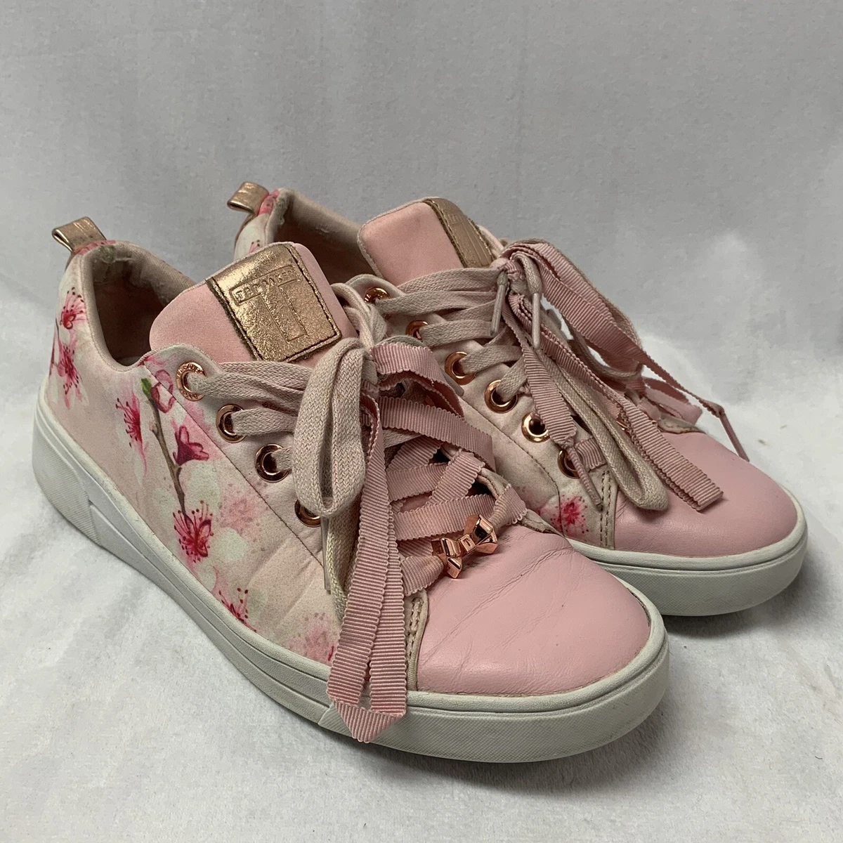 Ted Baker Pink White Floral Trainers Sneakers Shoes Metallic Bow