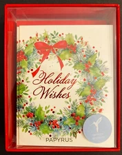 NEW BOX Of 20 SMALL Papyrus Christmas Cards Red Berry Wreath "Holiday Wishes"