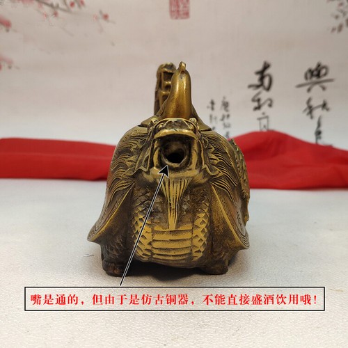 Antigua Estatua de Bronce Cabeza de Dragón de la Fortuna Tortuga Tetera de Vino - Imagen 6 de 9