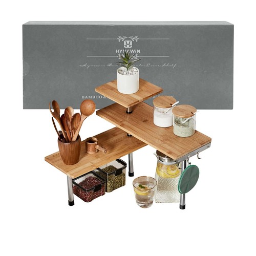 3 Tier Corner Shelf Bamboo & Metal Storage Spice Rackdesk Bookshelf Display Shel