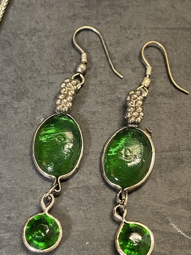 Emerald Green Glass Silver tone Necklace Choker Vintage Set - Picture 17 of 20