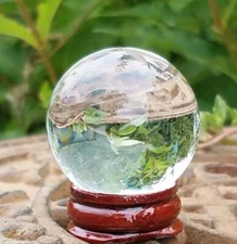 Clear Glass Crystal Ball Wood Stand 40mm Divination Gazing Sphere Scrying Orb