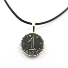 Authentic Coin Pendant "France" 1 Centime Epi + Leather Cord No