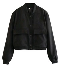 Womens Cropped Bomber Jacket Button Up With Pockets