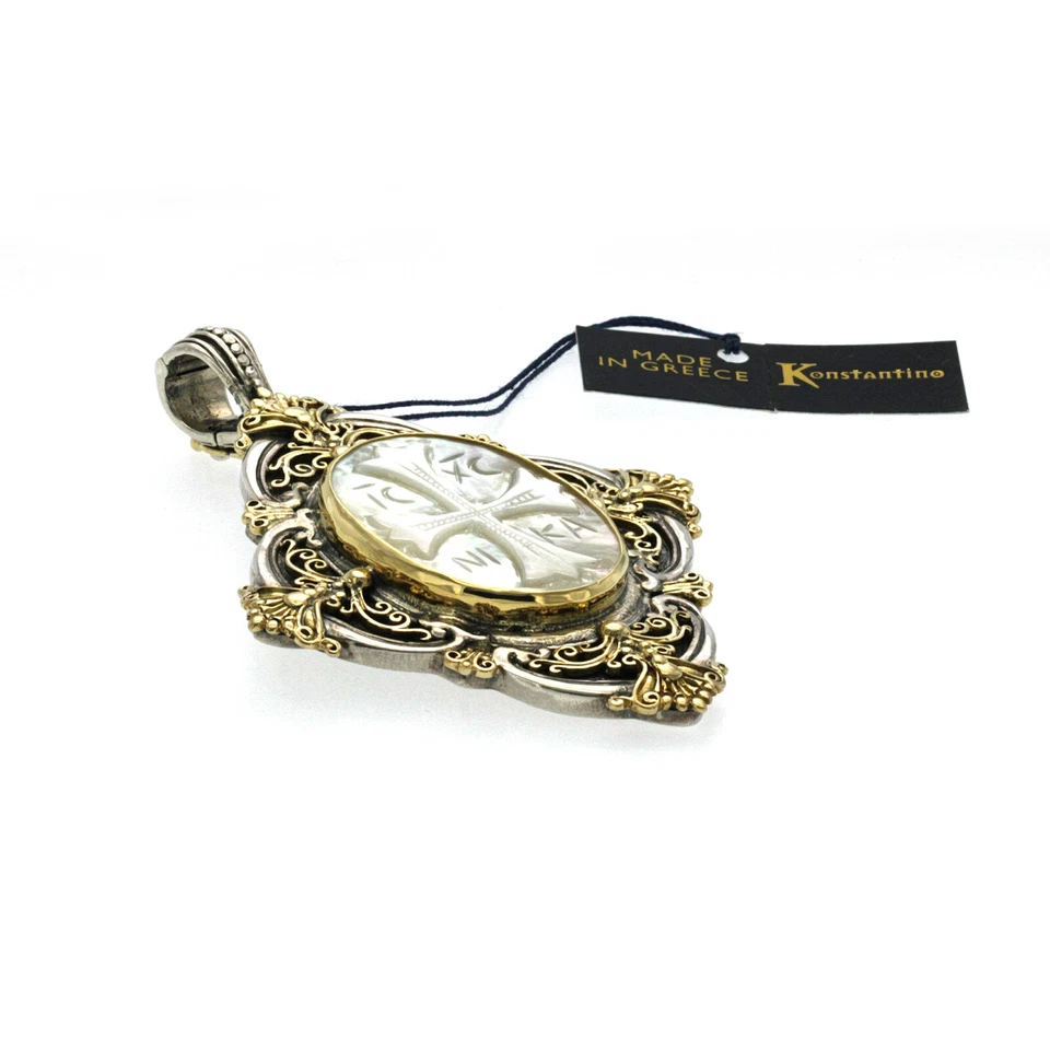 Colgante grande cruz madreperla tallada en plata 925 y oro de 18 quilates Konstantino Foto 2 de 4