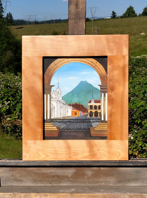 ANTIGUA, GUATEMALA-Original Oil Ptg, Volcan de Agua in Background-HANDMADE FRAME