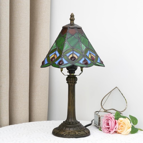 Green Small Tiffany Lamp Stained Glass Table lamp Peacock Tail Bedroom Bedsid... - Picture 5 of 9