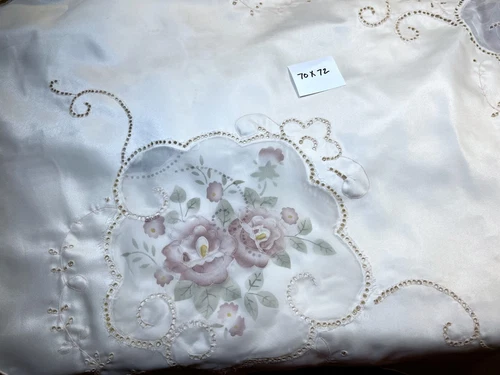 Vintage Embroidered Rose Floral Nylon Tablecloth 70x72