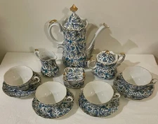 Blue Paisley By Lefton, Cream & Sugar Bowls, Cups And Saucers & Teapot For Four