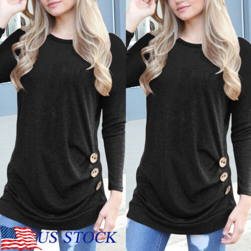 Womens Buttoned Side Long Sleeve Solid Color Tops Spring Autumn Tunic Top Shirt - 第 1/39 張圖片