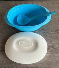 Tupperware Essentials Soup Server, Blue w/ White Lid, Ladle, Oval, #6936