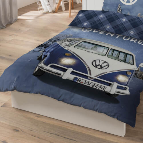 Bettwäsche Oldtimer Van Skybrands Volkswagen VW Winter Bulli T1 Blau Biber - Bild 7 von 7