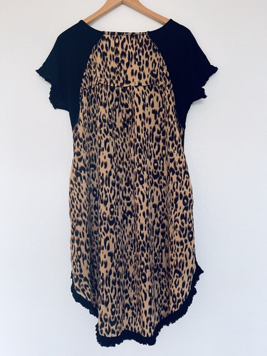 UMGEE Linen Blend Dress S Leopard Animal Print Fringe Trim Oversize Western Boho - Bild 6 von 9