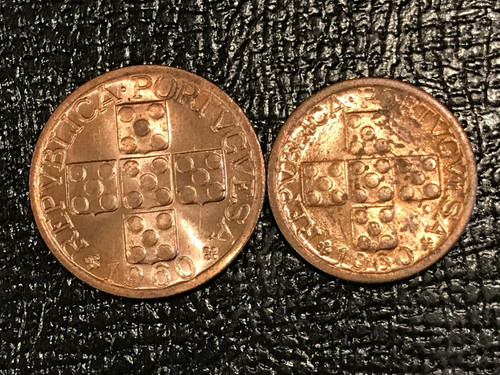 LOT OF 2 HIGH GRADE BU 1960 PORTUGAL 10 & 20 CENTAVOS COIN-FEB143