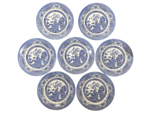 7 Each Churchill England EIT Blue Willow Set 10" Dinner Plate 7" Bread 6.5" Bowl - Picture 2 of 11