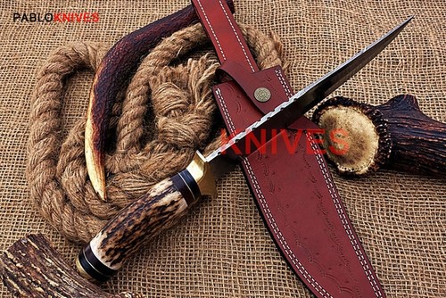 Hand Forged Damascus Steel Hunting Bowie Knife with Beautiful Stag Horn Handle - Picture 2 of 6