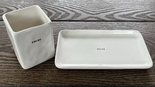 Rae Dunn FOCUS makeup brush pen pencil holder vase And RELAX Plate Tray READ