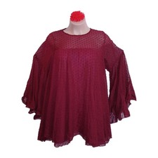 BooHoo Smock Dress 14 Burgundy Renaissance Festival Hippie Bell Sleeve Swiss Dot