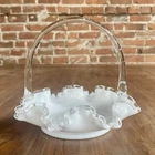 Vintage Fenton Milk Glass Basket Silver Crest White Bamboo Handled Ruffled Edge