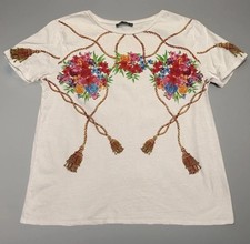 ZARA Women's Rose Bouquet & Scroll Graphic Print Stretch Knit T-Shirt Top Med