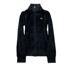 Puma Women's Black Velour Zip-Up Track Jacket Mock Neck Embroidered Logo Size S