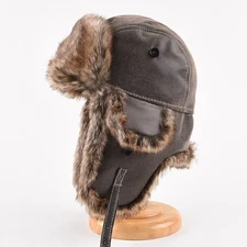 Men's Winter Raccoon Fur Leather Trapper Hat Russian Ushanka Earflap Aviator Cap