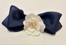 CHANEL Camellia Barrette Ribbon Brooch Chiffon Navy Blue 20x8cm White Flower