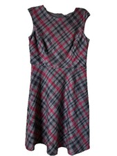 MAGGY LONDON Knit Midi Unlined Dress Size 12 Gray Wine Plaid Preppy School Girl