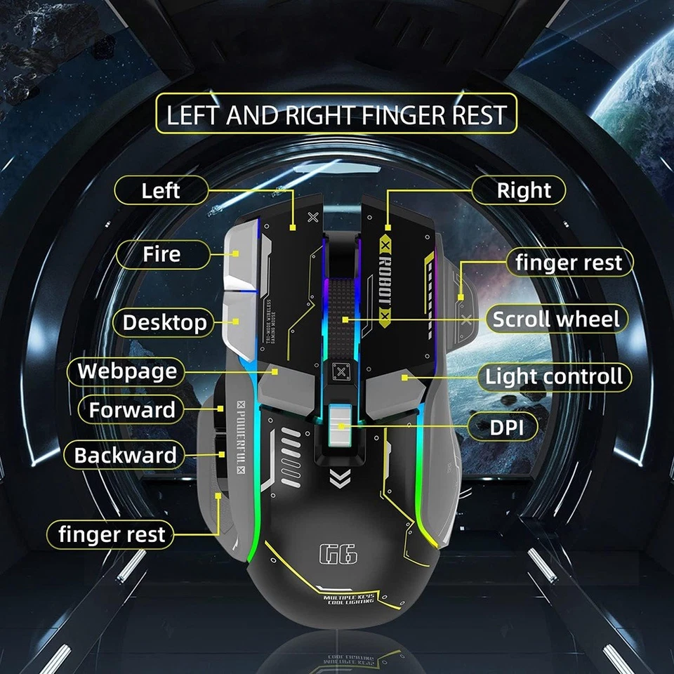 G6  Gaming Mouse 3 Modes 4000 DPI 11 RGB Backlit Rechargeable Silent1034 - Image 3 of 4