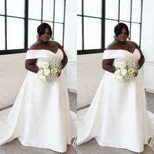 African Plus Size Satin Wedding Dresses Off The Shoulder Sweep Train Bridal Gown