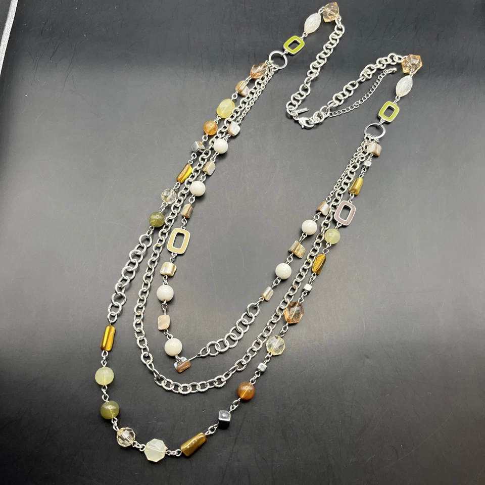 Collar Lane Bryant Largo Capas Tono Plata Verde Marrón Blanco Cuentas Abulón Foto 2 de 4