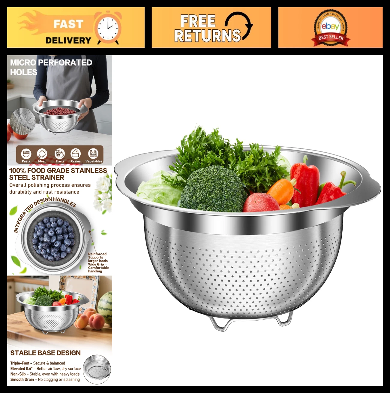 5 Quart Stainless Steel Colander - Large Capacity Strainer for Pasta, Fruits & V