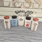 Lot of 5 milk glass shakers and spice bottles, antique
