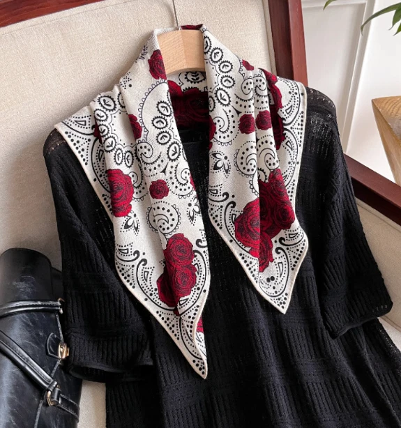 70% Cashmere 30% Silk Shawl Bandanna 26'' flower Print Neckerchief Scarf Wrap