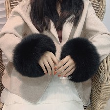 Woman's Real Fox Fur Cuffs Sleeves A Pair of Black for Coat Accessories