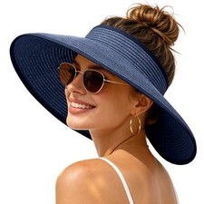 Sun Hats Visor for Women, UV UPF Straw Beach Hat Foldable Bowknot Navy Blue