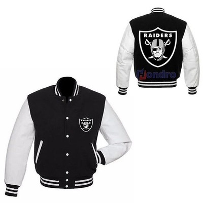 Oakland Raiders Black Wool with White Leather Sleeves Varsity Bomber Jacket