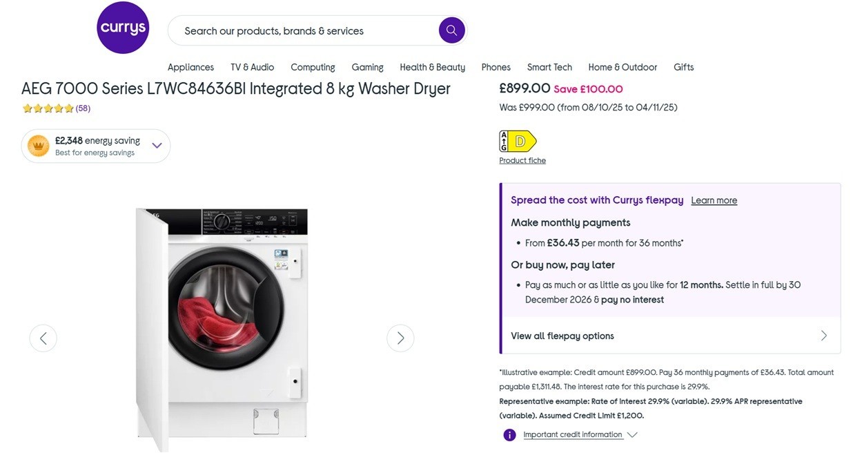 AEG 7000 PROSTEAM INTEGRATED 8KG WASH/4KG DRY WASHER DRYER - MODEL NO. L7WC84636