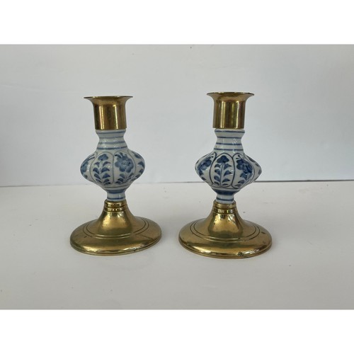 Vintage Jehvani blue and white Porcelain, Brass and Delft Candlestick Pair Set