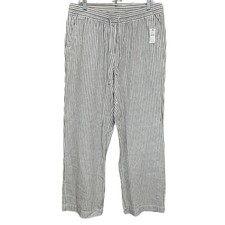 Talbots Linen Blend Drawstring Pants Size L Olive Stripe Wide Leg Coastal NEW